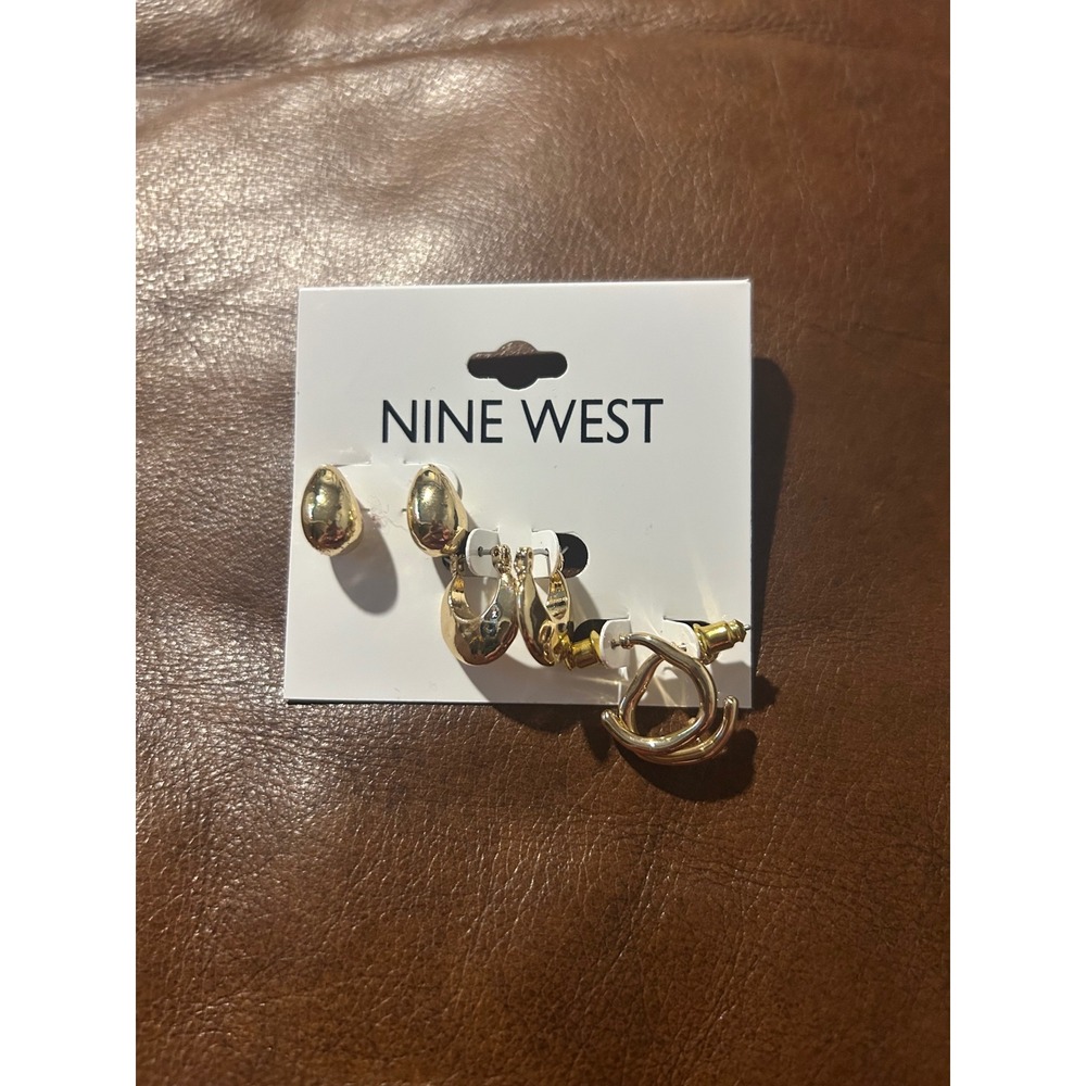 Nine West Gold Tone Earring Set 3 Pairs Teardrop Studs Crescent Hoops